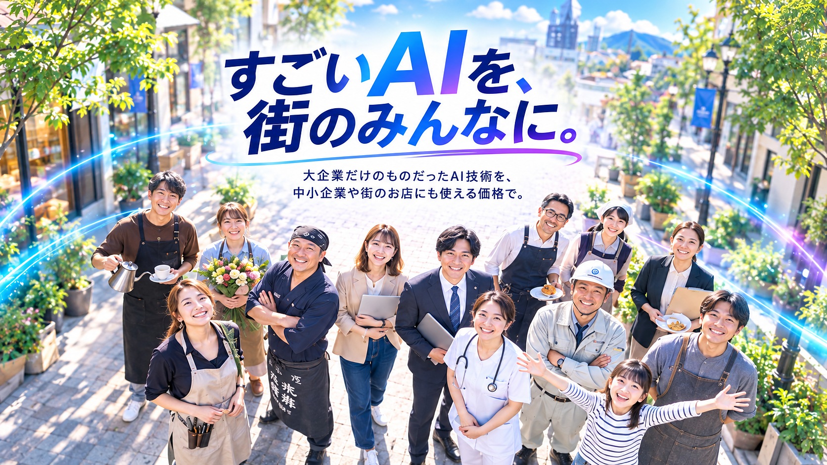 すごいAIを、街のみんなに。大企業だけのものだったAI技術を、中小企業や街のお店にも使える価格で。